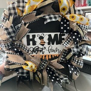 Sunflower & Bee Burlap Ribbon Wreath - Black, Yellow, Tan